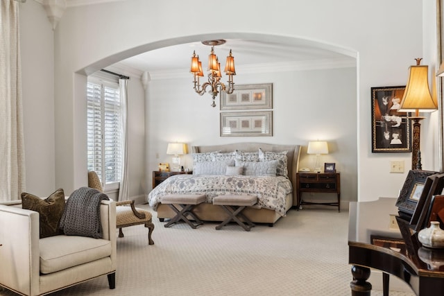 bedroom featuring arched walkways, carpet flooring, ornamental molding, and an inviting chandelier