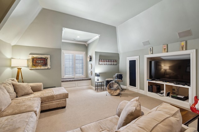 living area with vaulted ceiling, baseboards, and carpet
