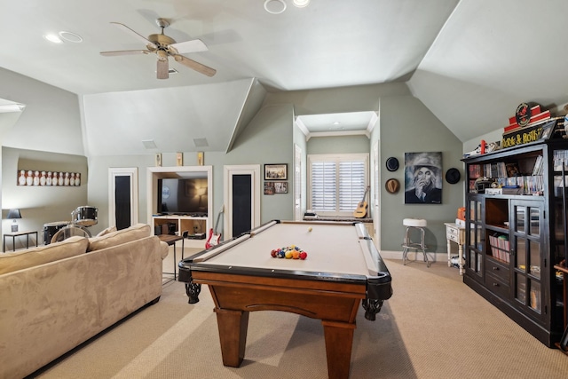 rec room with vaulted ceiling, baseboards, light colored carpet, a ceiling fan, and pool table