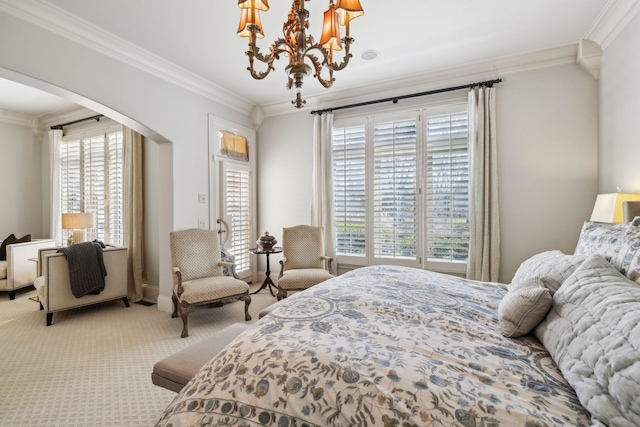 bedroom with an inviting chandelier, light colored carpet, arched walkways, and ornamental molding