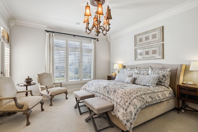 carpeted bedroom featuring a chandelier and ornamental molding