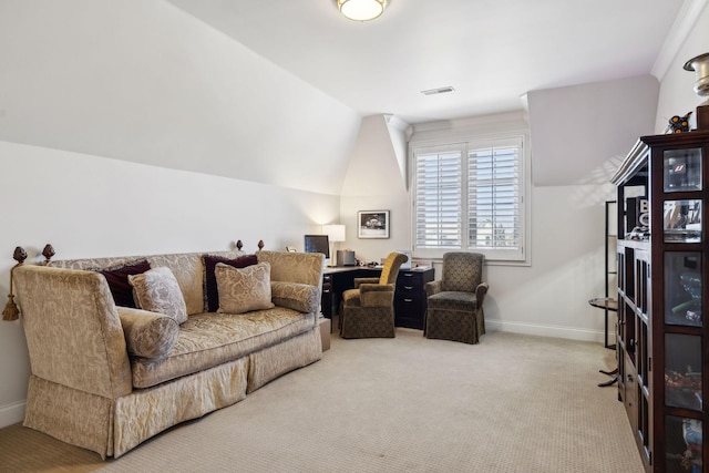 living room featuring vaulted ceiling, visible vents, carpet flooring, and baseboards