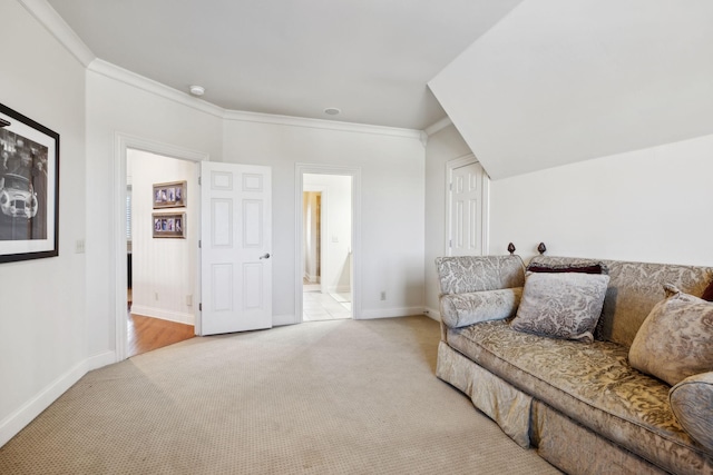 living room with light colored carpet, baseboards, and crown molding