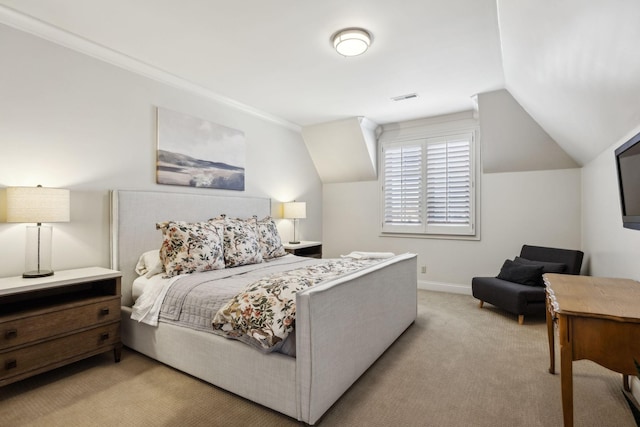 bedroom featuring lofted ceiling, visible vents, light carpet, crown molding, and baseboards