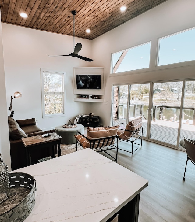 135 Hemlock Cv, Tracy City, TN 37387 - dining space with recessed lighting, wood ceiling, a wealth of natural light, and light wood-type flooring