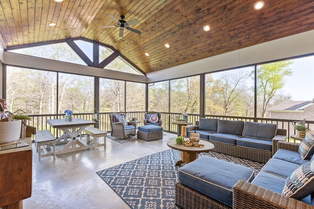 sunroom / solarium with ceiling fan and an outdoor hangout area