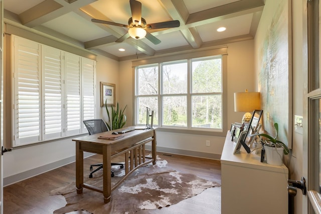 home office with wood finished floors, baseboards, coffered ceiling, and a ceiling fan