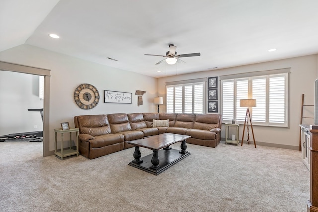 living area with a ceiling fan, carpet, baseboards, visible vents, and recessed lighting