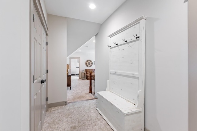 mudroom with baseboards, carpet flooring, and recessed lighting