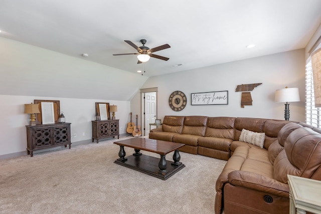 living area with ceiling fan, lofted ceiling, carpet floors, and recessed lighting