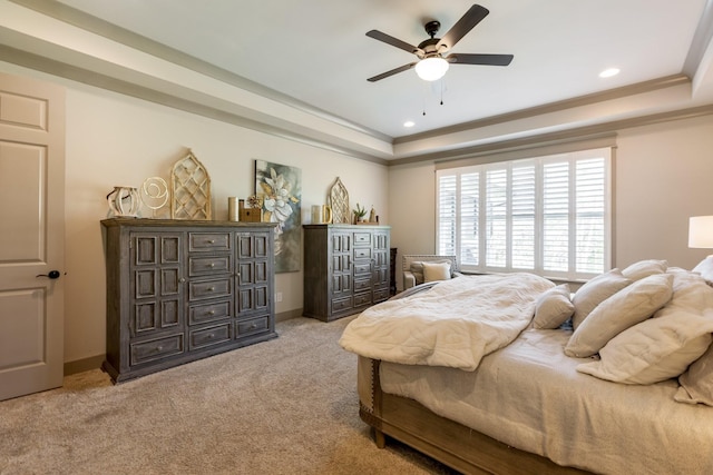 bedroom featuring baseboards, carpet, recessed lighting, and a raised ceiling