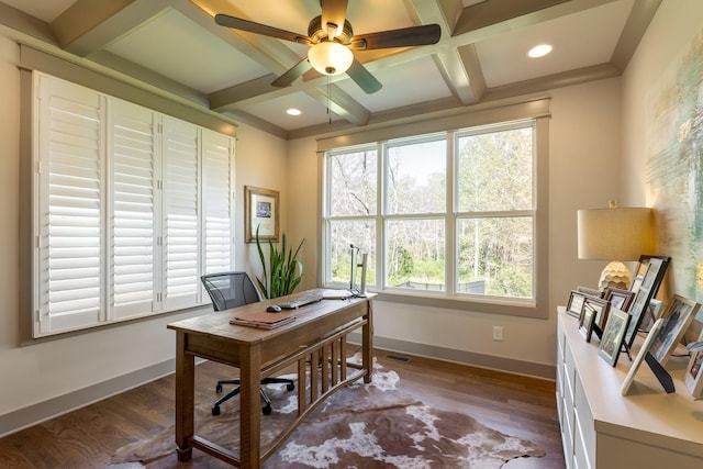 office space featuring dark wood finished floors, a healthy amount of sunlight, a ceiling fan, and coffered ceiling