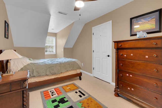 bedroom featuring visible vents, a ceiling fan, carpet flooring, and baseboards