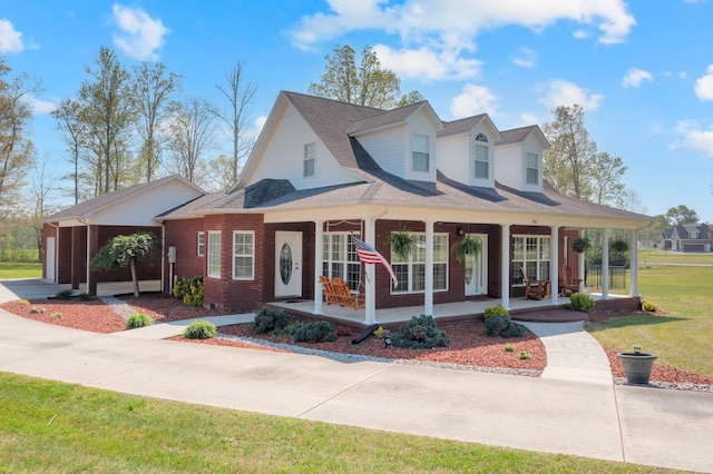 view of front of house featuring a porch, a front lawn, a garage, brick siding, and concrete driveway