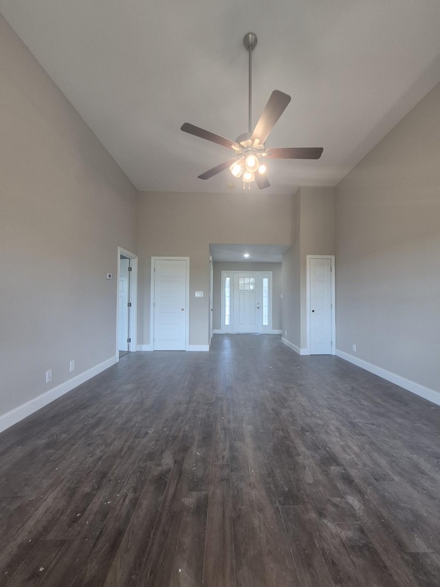 5 Hugh Hunter Rd, Oak Grove, KY 42262 - unfurnished living room with dark wood-type flooring, a ceiling fan, and high vaulted ceiling