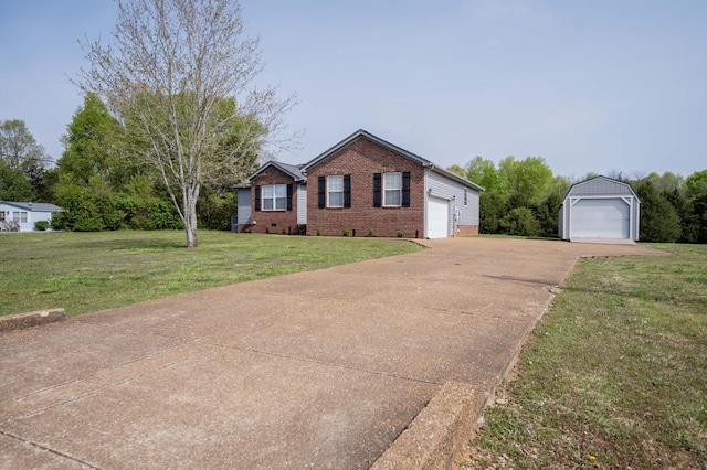 ranch-style house featuring crawl space, a detached garage, a front lawn, an outdoor structure, and brick siding