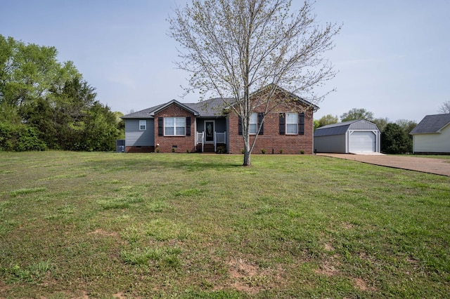 ranch-style home featuring a detached garage, driveway, brick siding, an outdoor structure, and a front yard