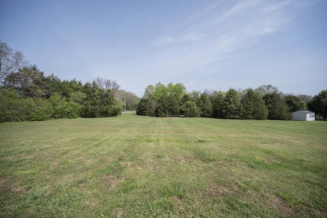 view of yard featuring a rural view, a forest view, and an outbuilding