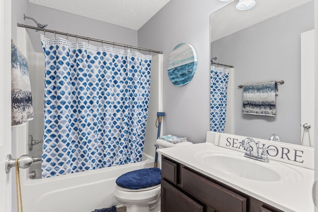 full bathroom with a textured ceiling, toilet, vanity, and shower / bath combination with curtain