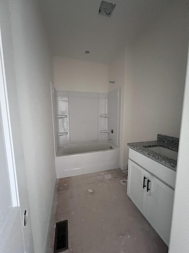 bathroom featuring unfinished concrete flooring, shower / bathtub combination, vanity, and visible vents