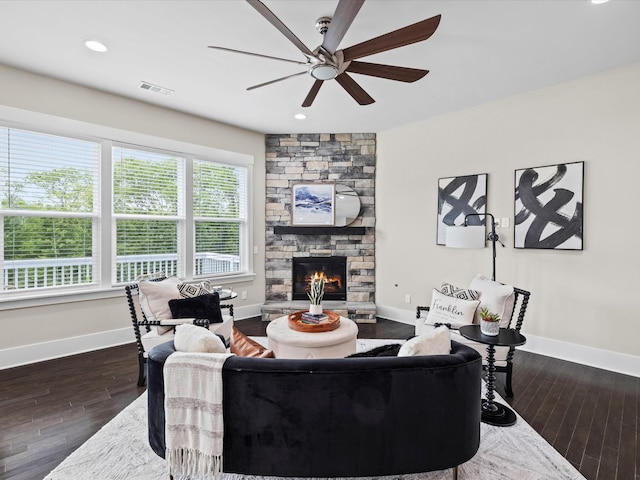 1068 Amelia Park Dr, Franklin, TN 37067 - living room featuring a ceiling fan, baseboards, a fireplace, and wood-type flooring