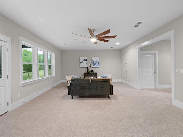 1068 Amelia Park Dr, Franklin, TN 37067 - living area featuring baseboards, visible vents, ceiling fan, and light colored carpet