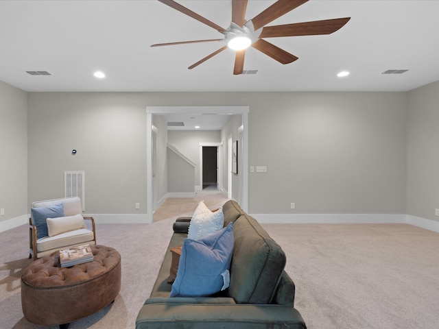1068 Amelia Park Dr, Franklin, TN 37067 - living room with recessed lighting, carpet floors, visible vents, and a ceiling fan