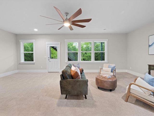 1068 Amelia Park Dr, Franklin, TN 37067 - carpeted living room featuring plenty of natural light, a ceiling fan, baseboards, and recessed lighting