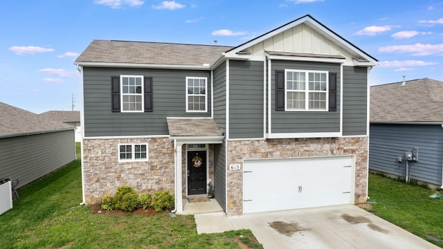 615 Pine Bloom Rd, Lebanon, TN 37087 - craftsman-style house with stone siding, driveway, a front yard, and a garage