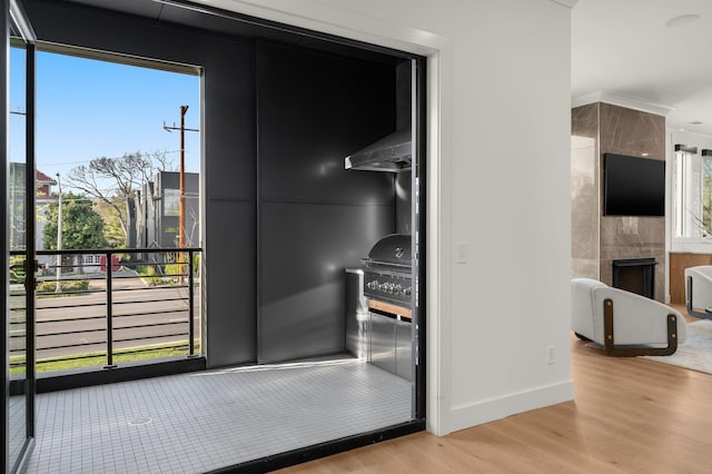 room details with baseboards, wood finished floors, and a tile fireplace
