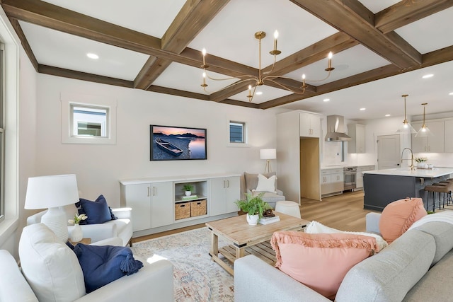 620 Waco Dr Unit B, Nashville, TN 37209 - living room featuring recessed lighting, an inviting chandelier, coffered ceiling, light wood-style flooring, and beamed ceiling