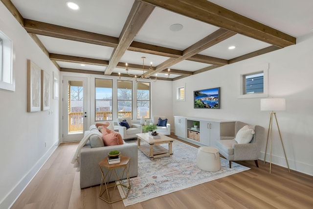 620 Waco Dr Unit B, Nashville, TN 37209 - living room with baseboards, beamed ceiling, coffered ceiling, and wood finished floors