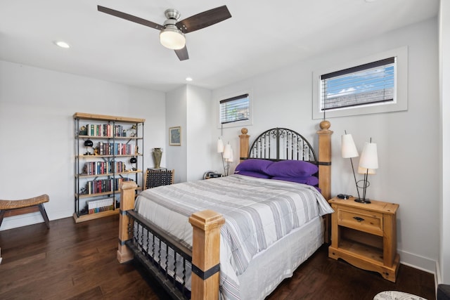 bedroom featuring dark wood finished floors, recessed lighting, ceiling fan, and baseboards