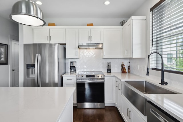 kitchen with dark wood-style flooring, a sink, under cabinet range hood, light countertops, and appliances with stainless steel finishes