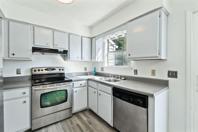 kitchen with a textured ceiling, under cabinet range hood, a sink, light wood finished floors, and stainless steel appliances