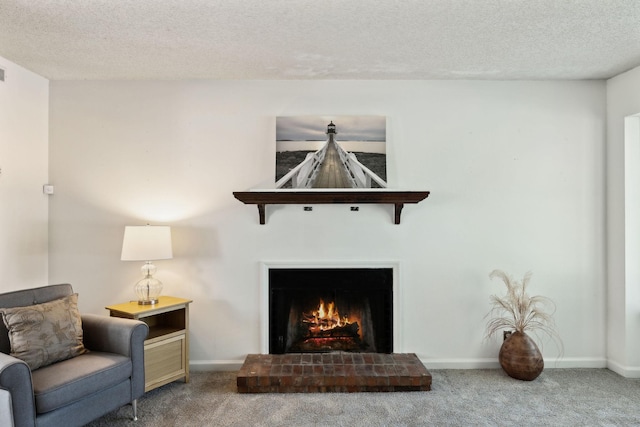 sitting room with baseboards, carpet flooring, and a textured ceiling
