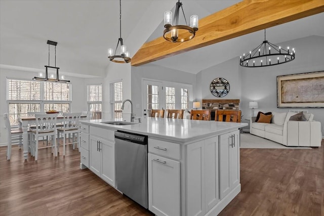 7327 Hunting Camp Rd, Fairview, TN 37062 - kitchen featuring a sink, a notable chandelier, stainless steel dishwasher, beamed ceiling, and light countertops