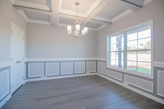 unfurnished dining area with an inviting chandelier, beam ceiling, dark wood-type flooring, and coffered ceiling