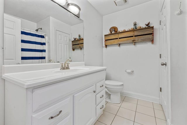 bathroom with vanity, toilet, visible vents, baseboards, and tile patterned flooring