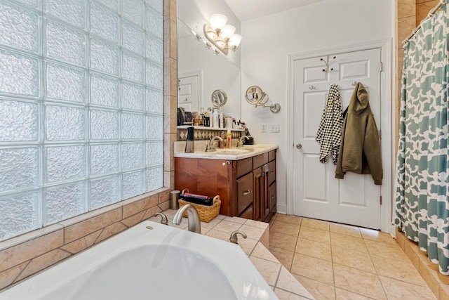 full bath featuring a shower with curtain, a garden tub, tile patterned flooring, and vanity