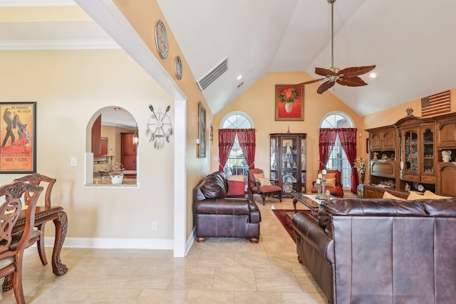 4025 Moore Hollow Rd, Woodlawn, TN 37191 - living area with ceiling fan, baseboards, high vaulted ceiling, and visible vents