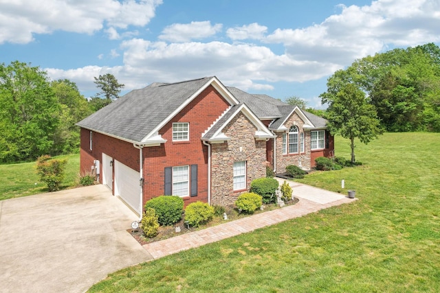 4025 Moore Hollow Rd, Woodlawn, TN 37191 - view of front of property featuring driveway, a front yard, stone siding, and a garage