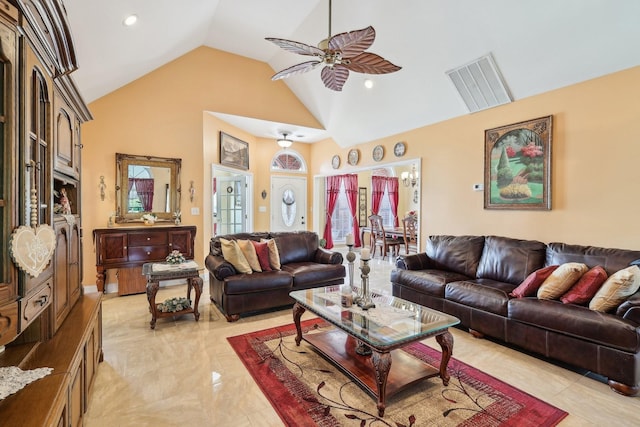 4025 Moore Hollow Rd, Woodlawn, TN 37191 - living room featuring ceiling fan, high vaulted ceiling, and visible vents