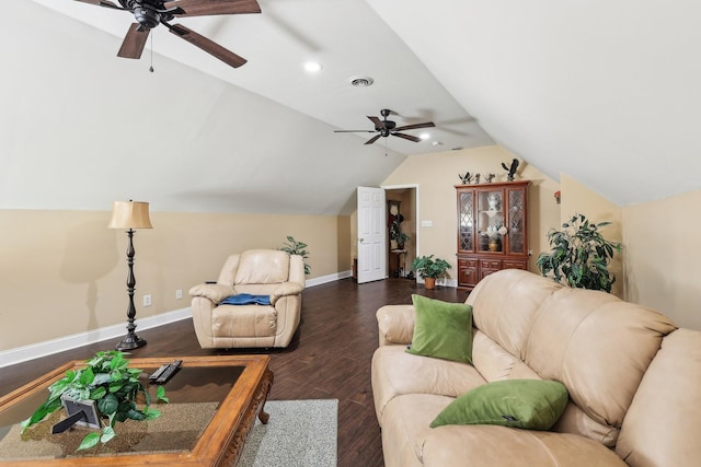 4025 Moore Hollow Rd, Woodlawn, TN 37191 - living room featuring lofted ceiling, ceiling fan, visible vents, baseboards, and wood finished floors