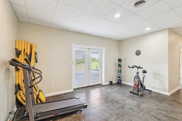 4025 Moore Hollow Rd, Woodlawn, TN 37191 - exercise area featuring visible vents, french doors, recessed lighting, and a drop ceiling