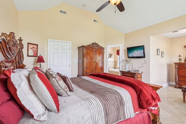 4025 Moore Hollow Rd, Woodlawn, TN 37191 - bedroom featuring visible vents, a ceiling fan, ensuite bath, and high vaulted ceiling