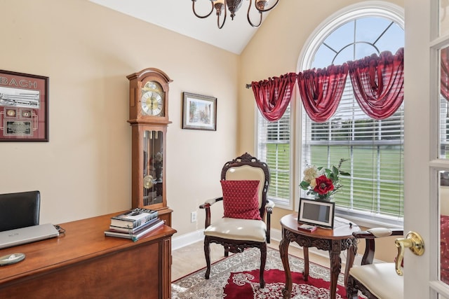 4025 Moore Hollow Rd, Woodlawn, TN 37191 - office space with a chandelier, baseboards, plenty of natural light, and vaulted ceiling