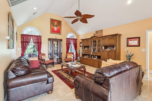 4025 Moore Hollow Rd, Woodlawn, TN 37191 - living room featuring light tile patterned floors, ceiling fan, high vaulted ceiling, and visible vents