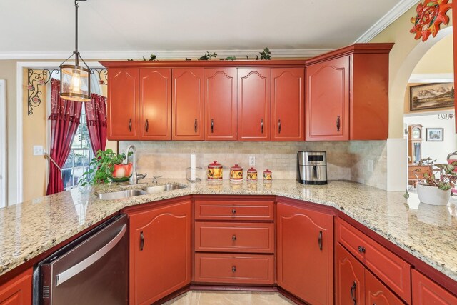 4025 Moore Hollow Rd, Woodlawn, TN 37191 - kitchen featuring light stone countertops, decorative backsplash, stainless steel dishwasher, and a sink