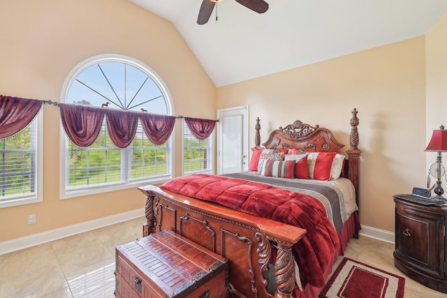4025 Moore Hollow Rd, Woodlawn, TN 37191 - bedroom featuring baseboards, ceiling fan, light tile patterned flooring, and lofted ceiling